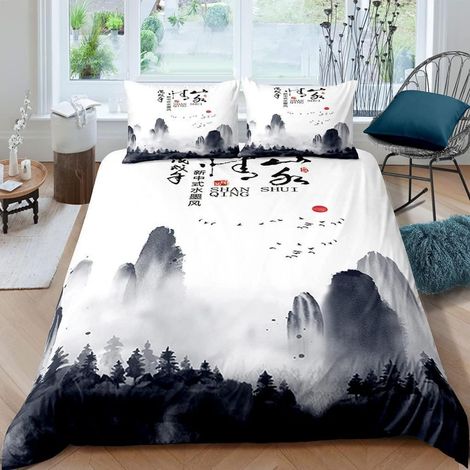 Bettwäsche-Set 155x220 cm 3-teilig Mikrofaser Chinesischer Stil 3D Berge Wald