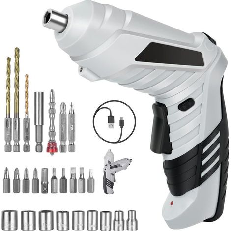 Taladro atornillador inalámbrico de 3,6 Nm, 1300 mAh, 3,6 V, destornillador + 26 accesorios, 2 direcciones de rotación + luz LED, cable de carga USB, ideal para profesionales, montaje de muebles y jug (1/5)