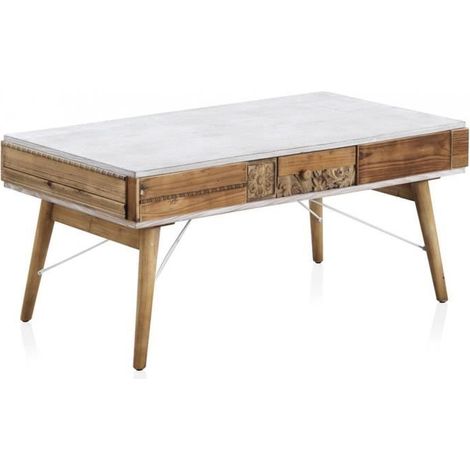 Table basse avec tiroir en bois recyclé coloris naturel - blanc - Longueur 110 x Hauteur 49 x Largeur 60 cm (1/4)