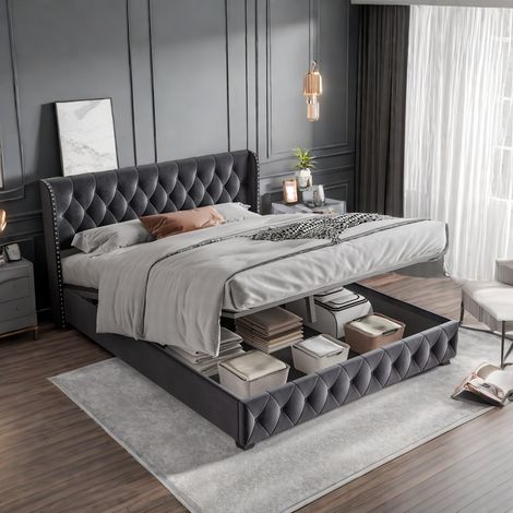 Letto imbottito con rete a doghe e testiera, 140 x 200 cm, letto boxspring con ampio spazio contenitore, per adulti e ragazzi, rete a doghe in legno, velluto, grigio scuro, senza materasso (1/5)
