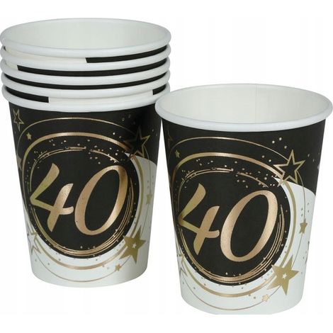 Bicchieri di carta per il 40° compleanno, tema "Quaranta oro e nero", 240 ml, confezione da 6 pezzi. (1/4)