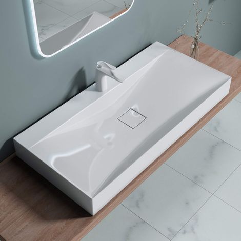 doporro Lavabo da Appoggio o Sospeso Rettangolare Lavandino Bagno con Foro per Rubinetto e Montaggio a Parete, 100x48x12 cm in Marmoresina Bianco Lucido - Colossum810