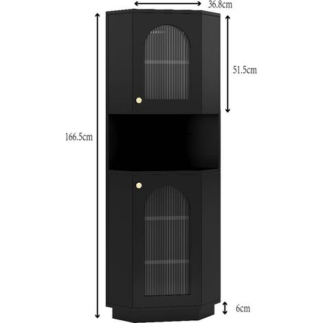 Meuble de salle de bain d'angle avec éclairage LED, armoire de toilette noire, 2 compartiments de rangement, étagère ouverte avec tablettes réglables, 45x45x166,5 cm (1/5)