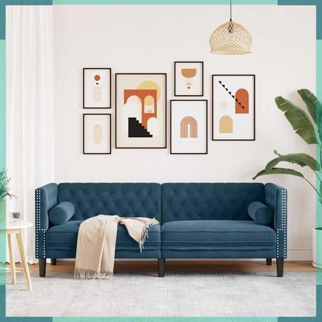 372701 Canapé Chesterfield avec traversins 3 places bleu velours (1/5)