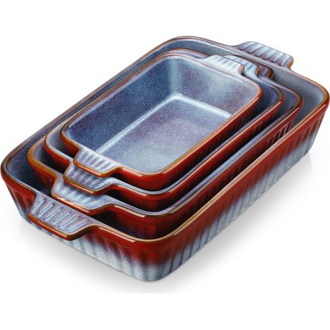 Plat à Four, Lot de 4 Plats à Gratin Grands et Petits (37, 30, 28, 24 cm), Plat à Lasagnes Rectangulaire avec Poignées, Plat en Grès Au Lave-vaisselle, Bleu Lavande et Rouge (1/5)