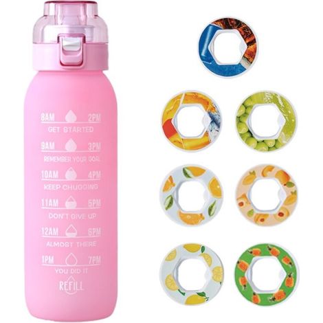 1000ml pink fruit-flavored water bottle with 7 flavors, straw bottle for sports, office and everyday use, sensory design and large capacity