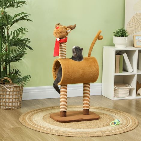Kratzbaum 98 cm Katzenturm im Hirschdesign, mit Höhle, Spielball, Jutestämme Braun