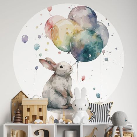 Sticker mural rond / cercle Enfants - Lapin ballons - Diamètre 30 cm - Adhésif MAT (1/2)