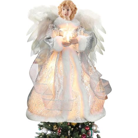 Cime de Sapin Ange LED Argent - 32cm Ailes Plumes Lumière Chaude - Décoration Fête Élégante (1/5)