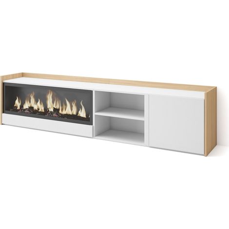 Skraut Home - Mueble TV, Televisión, Muebles de salón, almacenaje, 212x35x50cm, Para TV hasta 80", Chimenea eléctrica XXL, Estilo Moderno, Blanco y roble soft (1/5)