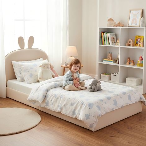 Lit rembourré en tête de lit en lapin,lit pour enfants avec lattes en bois,lit simple,velours,beige,90x200cm