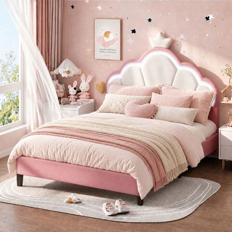 Lit enfant 140x200 cm, lit princesse couronne rose, lit rembourré avec LED, tissu velours, sommier à lattes, style scandinave, Pour chambre fille