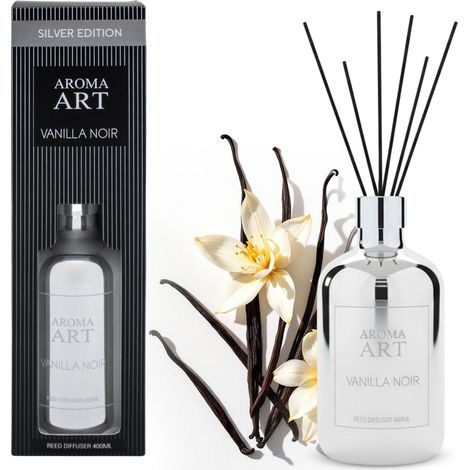 Raumduft im eleganten Silberflacon 400 ml - Vanilla Noir - Duftvase mit 6 Diffuser Sticks