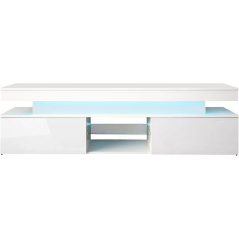 Meuble TV Monfero, Blanc + Blanc brillant, Le nombre de portes: 0, Nombre de tiroirs: 0, 190x54x39cm, LED: Disponible