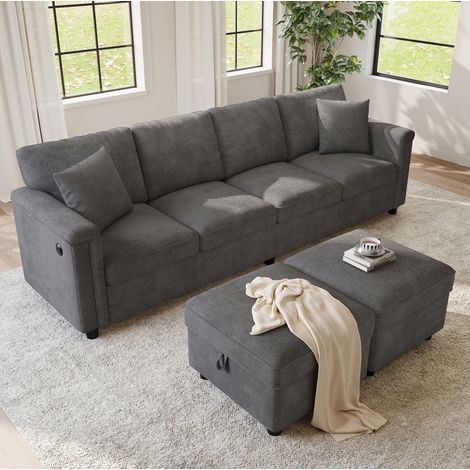 Canapé modulaire gris en chenille, configuration L ou U, 2 poufs coffre, USB/Type-C, 261 x 134 cm (1/5)
