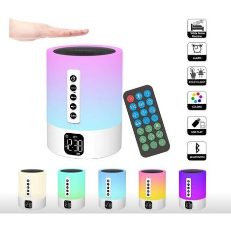 Veilleuse Bluetooth avec enceinte intégrée, machine à bruit blanc, lampe de chevet tactile avec réveil pour enfants, lampe de table multicolore (1/5)