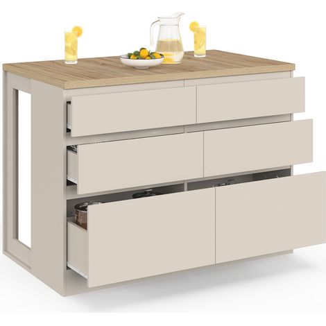 Mittelinsel mit Stehtisch ORSO 120 cm mit 6 Schubladen in beige und Platte in Holzoptik (1/5)