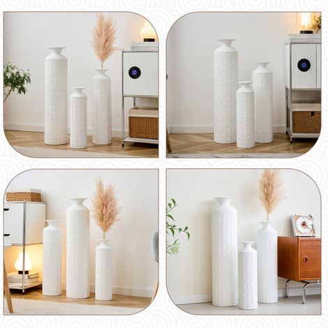 Vases de sol 3 pièces 50/65/85 cm en métal blanc, effet texturé, déco moderne pour salon FloraGrace (1/5)