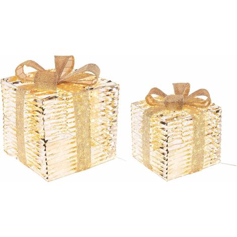 Set 2 pacchi regalo natalizi metallo dorato con luci LED bianco caldo per decorazioni natalizie eleganti interni ed esterni (1/4)