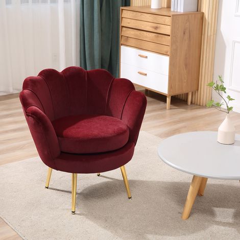 Fauteuil salon fauteuil en velours fauteuil coquillage avec pieds en métal doré pour chambre à coucher, rouge (1/5)