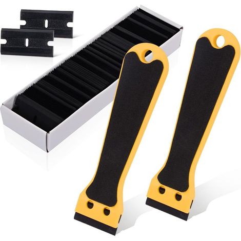 2 Grattoir Plastique avec 100 raclettes, Long Manche Grattoirs, pour Enlever les étiquettes, a colle, la peintureAutocollants et décalcomanies, jaune (1/5)