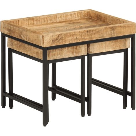 3 pcs Tables basses,Table d'appoint,Table de Salon gigognes bois de manguier massif brut et fer CFW84026 (1/5)