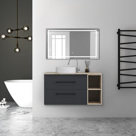 AICA Ensemble de meubles de salle de bain Suspendu avec Vasque + 2 Rangements Ouverts, 100x46x52cm, Miroir Tricolore et Dimmable