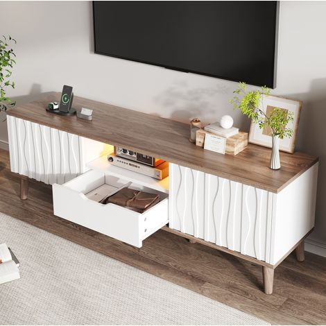 TV-Lowboard 160 cm mit RGB-LED, Schiebetüren, Weiß und Dunkelnuss HAVRYA (1/5)
