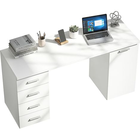 Computertisch mit 4 Schubladen und Schrank, 140 cm Schreibtisch für Arbeitszimmer, Weiß Holzoptik
