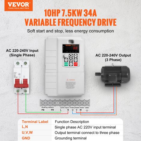 Variateur de Fréquence 7,5 kW Convertisseur de Fréquence 10 CV 34 A 0-400 Hz VFD avec Entrée Monophasé, Sortie Triphasé, Contrôle de Vitesse, Refroidissement Rapide, pour Moteurs de Machine (1/5)