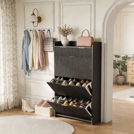 POCKETPOP Mueble para zapatos negro 77×24×133 cm – 6 estantes, cajones modulares, anti-vuelco