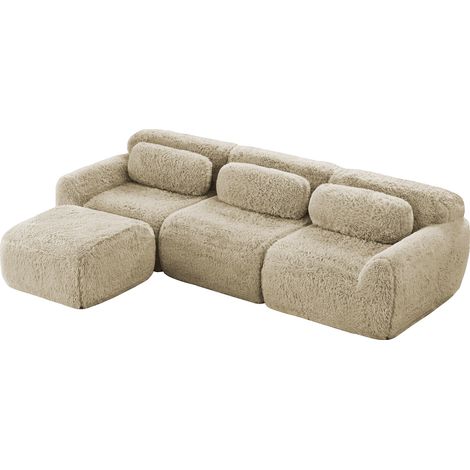 Canapé modulaire en L en tissu peluche, sans cadre, canapé profond, sans montage, avec coussins, doux, mousse hautement élastique, base antidérapante, pour salon et chambre, kaki clair (1/5)
