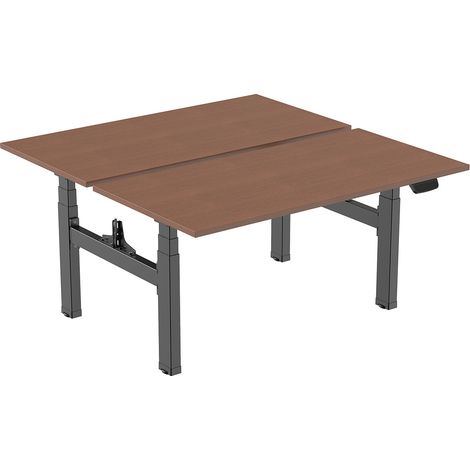 Double bureau motorisé assis-debout 150x75cm Plateaux noyer/Pied noir (1/3)
