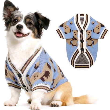 Ce cardigan en tricot pour chien bleu à motif d'ours est un vêtement chaud et confortable pour petit chien et chiot, idéal comme pull ou veste d'hiver. (1/4)