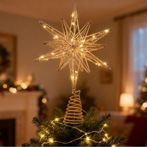 Christmas tree topper with 20 LED lights, star decoration for the top of the Christmas tree, metal Christmas star, 33 cm x 25 cm (champagne)