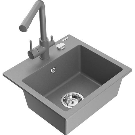 Mexen Milo évier granit 1 bac avec robinet cuisine Duero, gris - 6505-71-671600-71 (1/5)