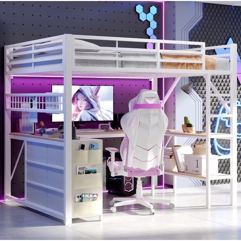 Hochbett 204x145x172 cm mit Schreibtisch, Schubladen, LED Beleuchtung, MDF Metall, Weiß (1/5)