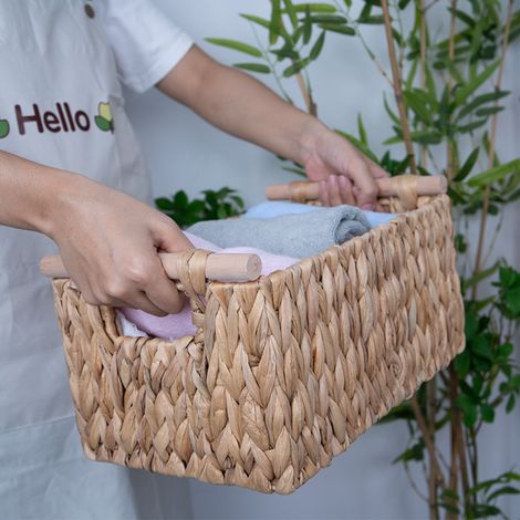 Panier de rangement en paille fait main, panier rectangulaire en paille de tuyau d'arrosage 33x21x15cm, panier en osier naturel pour vêtements, fruits, légumes - fait main (1/5)