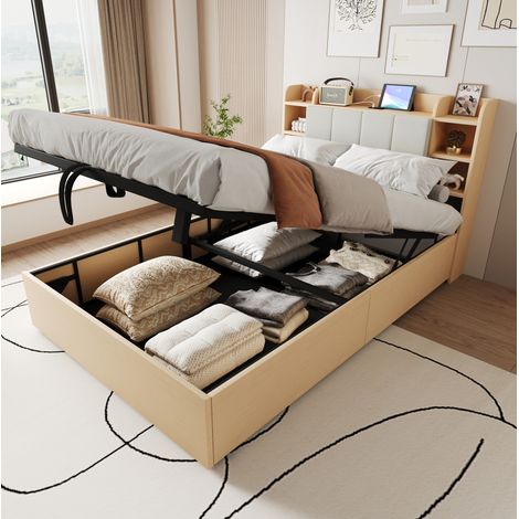 Cama 140x200 cm de MDF natural con almacenaje y USB-C para dormitorio FloraGrace (1/5)