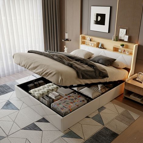 Lit coffre 140x200 cm avec LED et prise USB, lit double capitonné avec rangement et sommier à lattes, lit 2 personnes pour adultes et adolescents, PU, blanc (1/5)