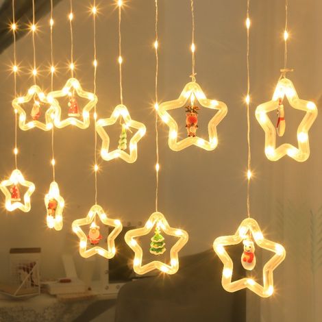 Runde LED-Lichterkette – Weihnachtsbaum-Lichterkette – Weihnachtsbeleuchtung – Fünfzackige Stern-Lichterkette, warmweiß – Wasserdichtes Batteriefach, 8 Beleuchtungsmodi + Fernbedienung