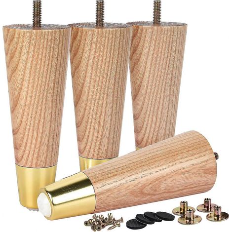 Ensemble de 4 pieds de meuble en frêne de 10 cm (4 pouces) avec embouts dorés, pieds de rechange coniques en bois peint de style médiéval, boulons M8 pré-percés, 6 embouts dorés de 15 cm (1/5)