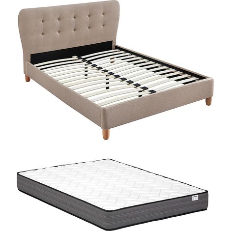 Lit 160 x 200 cm avec tête de lit capitonnée - Tissu - Beige + Matelas - ELIDE (1/5)