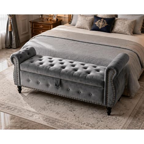 Banquette de Rangement Premium Luxe Bout de Lit en Velours, Gris Ilrrégulière Banquette de Chambre Rembourrée avec Accoudoirs Hauts, Grand Coffre de Rangement pour Chambre, Dressing & Entrée (1/5)