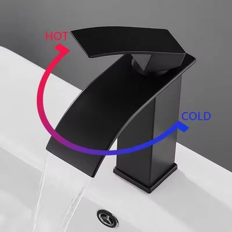 court (Size : Short),Robinet de salle de bain cascade noir , robinet de salle de bain en acier inoxydable, eau chaude et froide, robinet de lavabo de salle de bain à poignée unique bec cascade, (1/5)