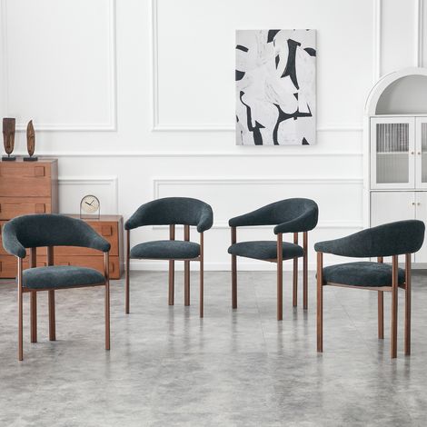 Lot de 4 chaises de salle à manger, fauteuils de salon modernes et confortables avec accoudoirs, en tissu effet lin et pieds en métal, Noir (1/5)
