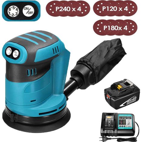 Levigatrici orbitali e rotorbitali,Levigatrice palmare senza fili e senza spazzole da 5", con sacchetto antipolvere, 12 dischi +batteria da 5,5A + caricabatterie DC18RC compatibile con batteria Makita