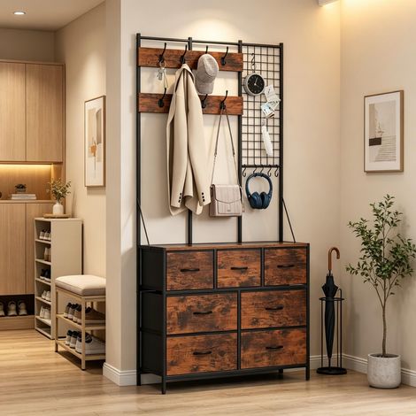 Ensemble de meubles d'entrée 4 en 1, armoire avec 7 tiroirs en tissu et 14 crochets (1/5)