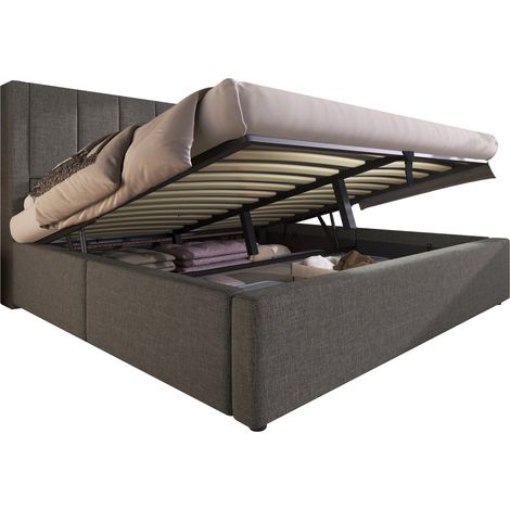 Cama doble 180x200 cm de lino gris con almacenamiento hidráulico, USB-C y somier incluido (1/5)