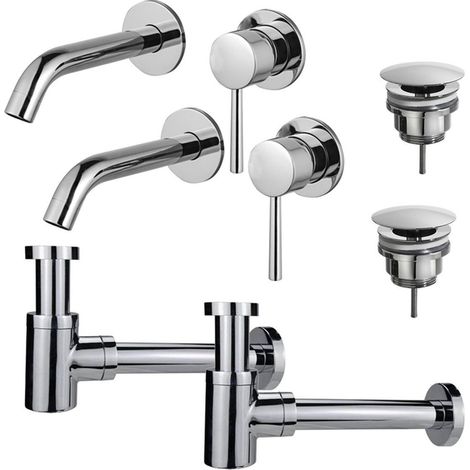 FugaFlow Eccelente Sobrado Slim Kit robinet lavabo - pour double vasque - robinet rehaussé - bonde non-obturable - siphon design bas - Chrome brillant (1/4)